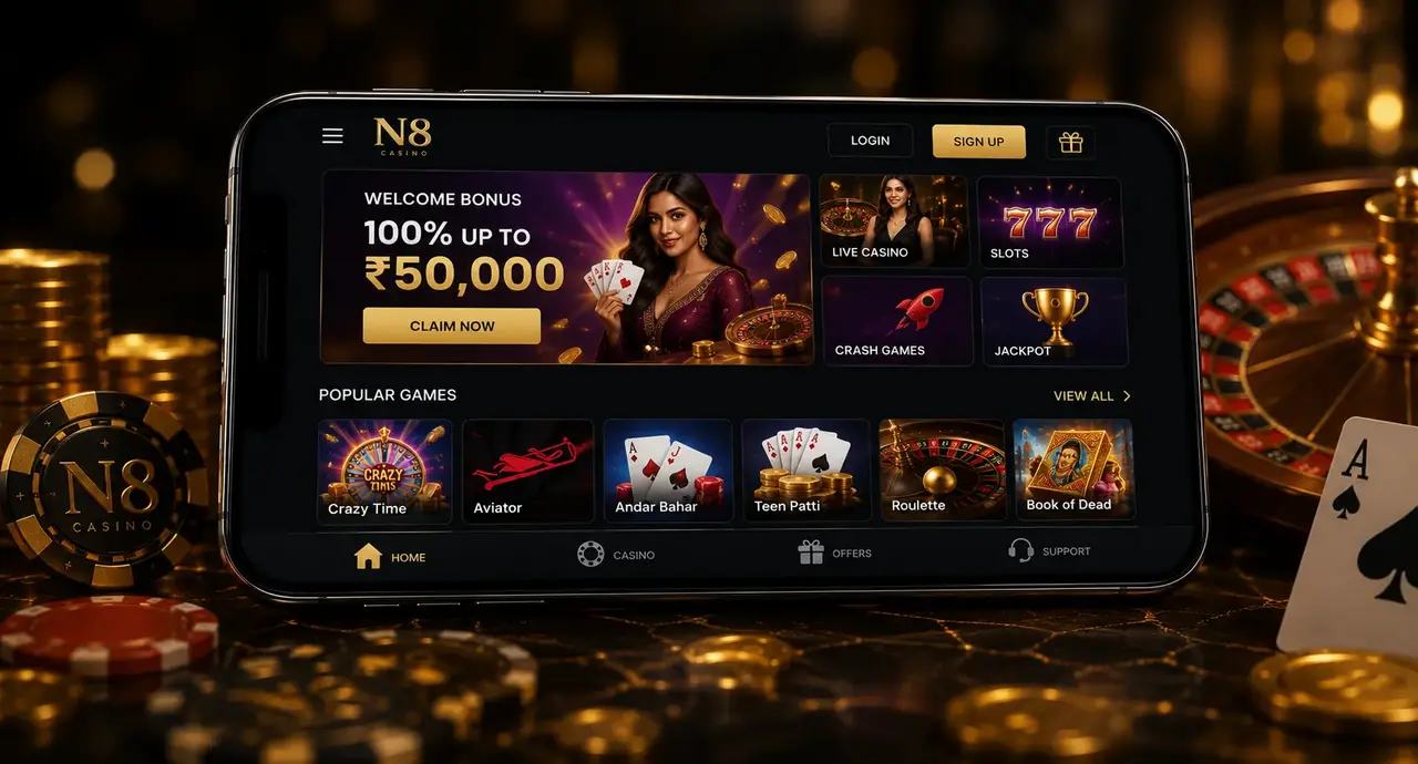 N8 Casino mobile version interface on a smartphone in India